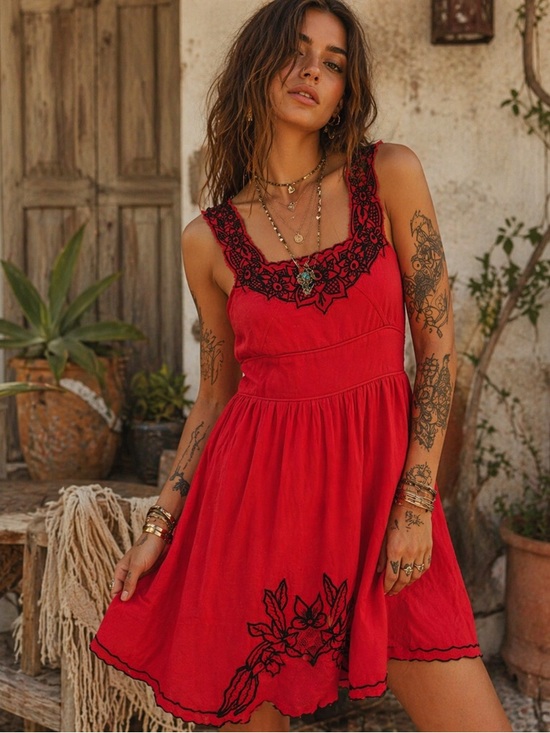 Free People Dresses & Skirts - Free People Red and Black Lace Trim Boho Cotton Mini Dress Size 0
